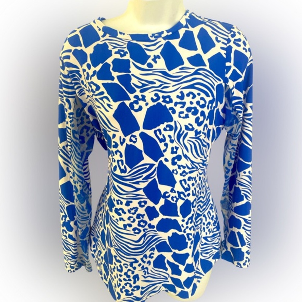 Ibkul UPF 50 blue white top- M blue white , nylon spandex,